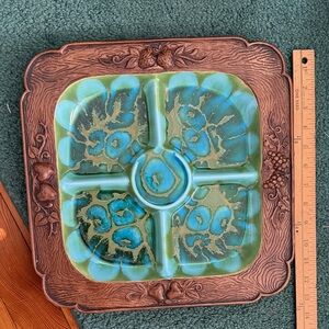 Vintage Green and Brown Ceramic Divided Dish Treasure Craft